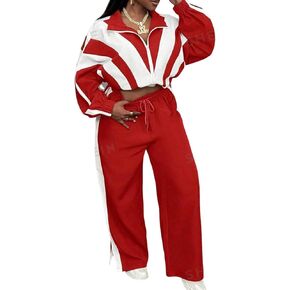 Women's 2 Piece 80s Outfit Color Block Windbreaker Tracksuit Set Crop Top Sweatshirt and Pants Retro Jacket