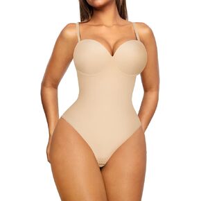 FeelinGirl Bodysuit for Women Tummy Control Bodysuit Thong with Built-in Bra Body Shaper Low Back Shapewear Fajas