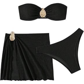 Milumia Women's Metal Textured 3 Piece Swimsuit Strapless Bandeau Bikini Set with Coverup Bathing Suit