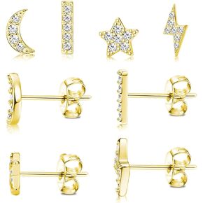 14K Gold Plated Silver Post Post Moon Star CZ CZ STAL STRINGS - أقراط زركونيا مكعبات صغيرة ، 3 أزواج من الزركونيا المكعبة للنساء