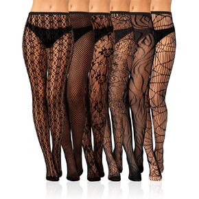 6 Pairs Women Fishnet Stocking Black Floral Tight Legging Thigh High Stockings Lace Patterned Small Hole Waist Lace
