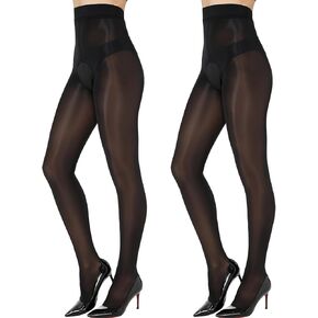 2 Pairs Shiny Sheer Tights Open Crotch Pantyhose for Women 15D Ultra Oil Shimmer Stockings with Control Top