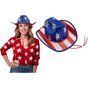 USA American Flag Sequin Cowboy Hat 4th of July Patriotic Red White Blue Western Hats Glitter American Style Cowgirl Headwear for Men, Women Festival & Party Accessory
