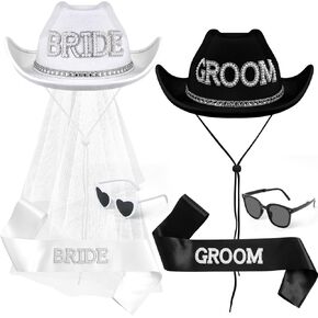 Geyoga 6 Pack Bride Cowboy Hat مع الحجاب العريس وعروس قبعة الحزام اللوازم الحفلات مع الرجال نظارات شمسية للنساء الزفاف دش دش أسود ، أبيض