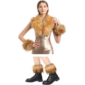 sy soul young Women's Faux Fur Collar Scarf & Boot Cuffs legwarmers Raccoon Winter Warm 2pc Set