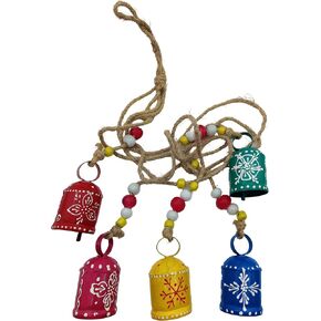 Set of 5 Rustic Harmony Cow Bells, Multicolor Hanging Decor Bells on Rope, Lucky Christmas Hanging Decor Bells