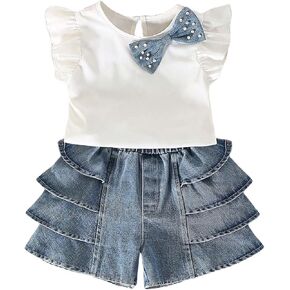 MakeMeChic Girl's 2 Piece Outfits Bow Knot Flutter Sleeve Tee Top and Ruffle Tiered Denim Shorts Set