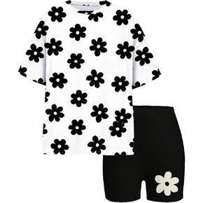 Girl's 2 Piece Outfits Cute Floral Crew Neck Half Sleeve Tee Shirt and Shorts Clothing Set
