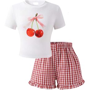 Girl's 2 Piece Cherry Print Summer Outfits Short Sleeve T Shirts and Plaid Ruffled Shorts Cute Clothes