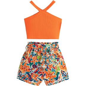 Girls 2 Piece Outfits Summer Clothes Tie Knot Tank Top and High Waist Floral Shorts Set with Belt in Kuwait