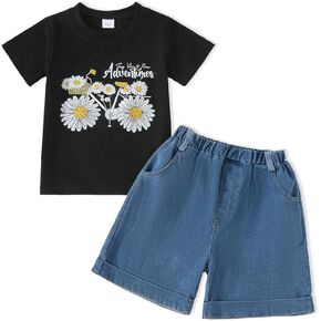 Toddler Girl Clothes Letter Graphic Top Denim Shorts 2PC Summer Outfit Set