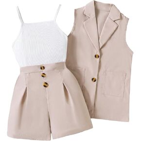 OYOANGLE Girl's 3 Piece Outfits Suit Set Button Sleeveless Blazer Vest and Ribbed Cami Top with Pleated Shorts