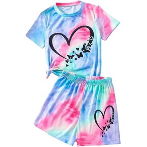Seechoslo Tween Girls’ Summer Outfit, Big Kids’ Short Sleeve T-Shirt and Shorts Two-Piece Casual Set