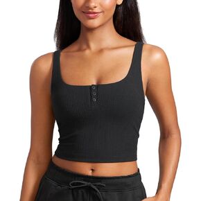 CRZ YOGA Womens Ribbed Henley Longline Sports Bras - Square Back Padded Yoga Workout Crop Tank Top with Built in Pads