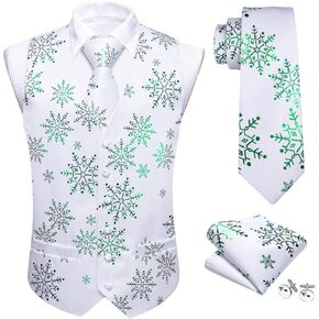 Barry.Wang Men Christmas Vest Red Green Xmas Tree Snow Elk Snowflake Holiday Suit Waistcoat Tie Set New Year Festival