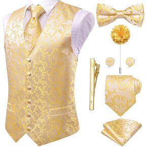 Hi-Tie Silk Mens Suit Vest Tie and Bowtie Lapel Pin Gold Tie Clip Paisley Floral Waistcoat 8PCS Set Tuxedo Wedding Party