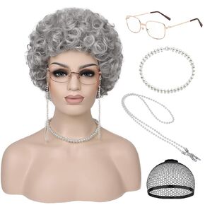 G&T Wig Old Lady Wig for Grandma Costume 100 Days of School Sliver Grey Curly Granny Wig For Old Women’s Cosplay Party Halloween Use (5pcs Set)
