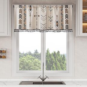Boho Window Treatment Tiers for Kitchen Bathroom Ethnic Geometric Valance Curtain with Black Tassels, Rod Pocket Top & Fringe Hem, Light-Filtering Small Curtains, 59" W x 20" L, 1 Panel