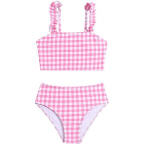 OYOANGLE Toddler Girl's 2 Piece Cute Plaid Swimsuit Ruffle Trim High Waisted Bikini Bathing Suits Beachwear