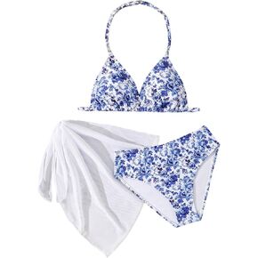 Girl's 3 Piece Bikini Set Floral Halter V Neck Swimsuits with Cover Up Skirt