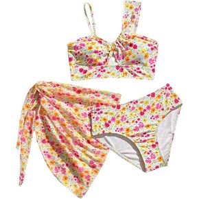 Girl's 3 Piece Floral High Waisted Bikini Asymmetrical Neck Cut Out Bathing Suit with Cover Up Skirt