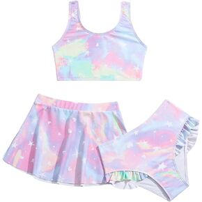 SweatyRocks Girl's 3 Piece Swimsuit Tie Dye Graphic Ruffle Bathing Suit with Beach Coverup Skirts