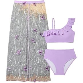 SHENHE Girl's 3 Pieces Bikini Set Ruffle Trim Bathing Suit Asymmetrical Neck Swimsuit with Sheer Pants