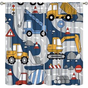 Construction Truck Curtains Rod Pocket Cartoon Excavator for Boys Kids Child Machinery for Living Room Bedroom Window Drapes Treatment Fabric Set 2 Panels,42x63 Inches