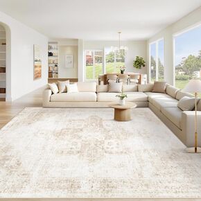 Area Rug 8x10 Washable Rug, Vintage Boho Medallion Rugs Non-Slip Soft Low Pile Large Distressed Rug Indoor Retro Carpet for Living Room Bedroom Dining Room Home Office (Beige, 8'x10')
