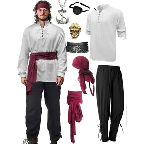 Verceco Mens Pirate Costume Outfit Renaissance Costume Men Medieval Outfit With Pirate Pants Shirts Sash Accessories
