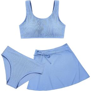 Girls 2 Piece Swimsuits with Skirts Ribbed Beach Swim Bathing Suits Teen Girls' Swimwear Swimming Bikini Set