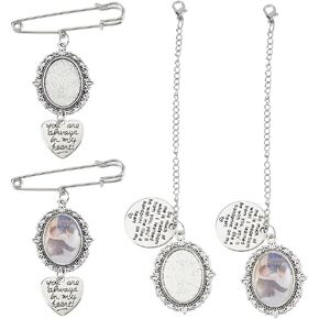 SUPERFINDINGS 4Pcs 2 Styles Wedding Bouquet Charms Memorial Picture Charm Platinum Photo Charm Frame with Lobster Clasps Alloy Pendant Tray Kit Oval Pendant Blank Bezel for Wedding Party Shower