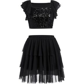 Lyrical Dance Dress for Women Square Neck Sparkly Sequins Crop Top Tiered Chiffon Midi Skirt Contemporary Dance Outfit