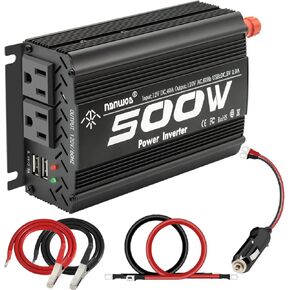 500 واط عاكس سيارة العاكس 500 واط / الذروة 1000W DC12V إلى AC 110V RV العاكس لتخييم شحن السيارة العاكس الأسود (500W)
