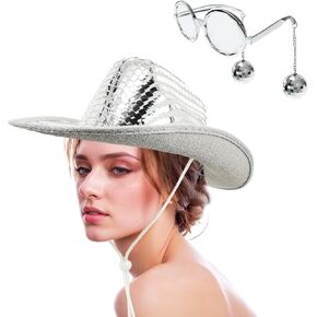 Disco Western Cowboy Hat with Disco Ball Sunglasses, Sequin Mirrored Cowgirl Hat for Women Men Costume Cosplay Party