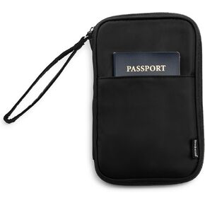 Brookstone Passport Holder - Durable Family Travel Document Wallet Organizer Essentials with RFID-Blocking and Wristlet Strap, Black