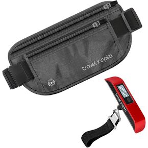 travel inspira RFID Blocking Travel Money Belt with Anti-Thief Zip - Slim Passport Holder and Digital Luggage Scale 110 Pounds, Battery Included