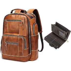 LANNSYNE Vintage Genuine Leather Backpack for Men, 15.6" Laptop Backpack Camping Travel 24L Rucksack & Grain Leather Travel Passport Long Wallet for Men/Women RFID Blocking