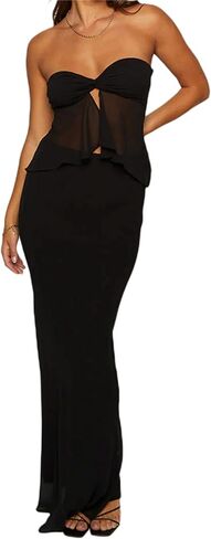 Thopavenoir Women's Y2K 2 قطعة من قمم الأنبوب الأمامي المقسم للكتف وتنورة Bodycon Maxi مجموعة ملابس النادي in Kuwait