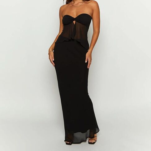 Thopavenoir Women's Y2K 2 قطعة من قمم الأنبوب الأمامي المقسم للكتف وتنورة Bodycon Maxi مجموعة ملابس النادي in Kuwait