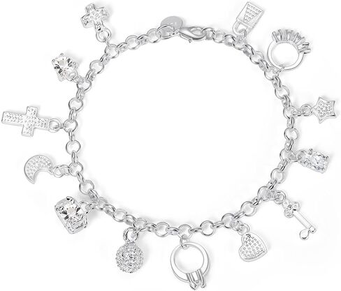 S925 Silver Thirteen Facing Scarm سوار للنساء ، النجمة ، المفتاح ، القلب ، الصليب ، القمر ، قفل قفل الزركون المكعب ، سحر رائع في كل مناسبة in Kuwait