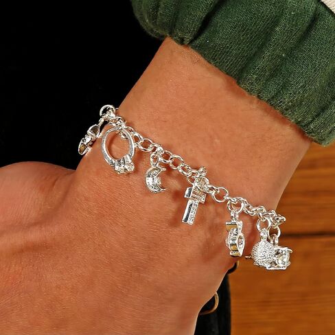 S925 Silver Thirteen Facing Scarm سوار للنساء ، النجمة ، المفتاح ، القلب ، الصليب ، القمر ، قفل قفل الزركون المكعب ، سحر رائع في كل مناسبة in Kuwait