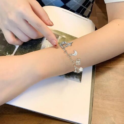 S925 Silver Thirteen Facing Scarm سوار للنساء ، النجمة ، المفتاح ، القلب ، الصليب ، القمر ، قفل قفل الزركون المكعب ، سحر رائع في كل مناسبة in Kuwait