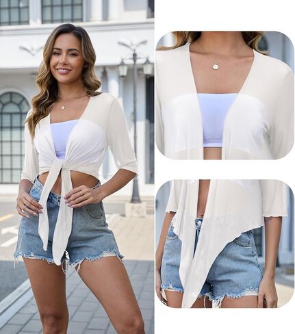Womens 3/4 Sleeve Shrug Sheer Mesh Cardigans Tie Front Cropped Lightweight Bolero Shawl Top for Casual Going Out in Saudi Arabia