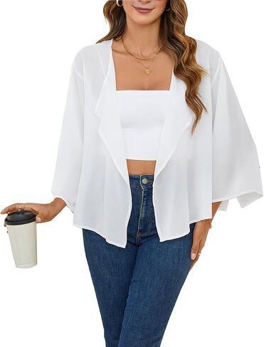 Olrain Women Tops 3/4 Chiffon Kimono Cardigans Shorts Shrugs Cusual فضفاضة مفتوحة بوليرو كيب تغطية لأعلى in Kuwait