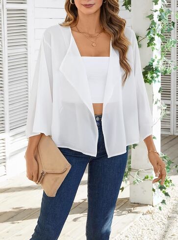 Olrain Women Tops 3/4 Chiffon Kimono Cardigans Shorts Shrugs Cusual فضفاضة مفتوحة بوليرو كيب تغطية لأعلى in Kuwait