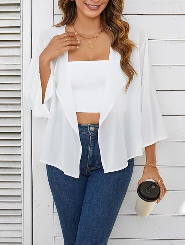 Olrain Women Tops 3/4 Chiffon Kimono Cardigans Shorts Shrugs Cusual فضفاضة مفتوحة بوليرو كيب تغطية لأعلى in Kuwait