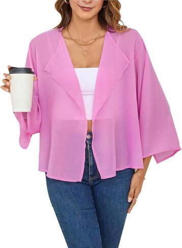 Olrain Women Tops 3/4 Chiffon Kimono Cardigans Shorts Shrugs Cusual فضفاضة مفتوحة بوليرو كيب تغطية لأعلى in Kuwait