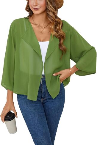 olrain Women Summer Tops 3/4 Chiffon Kimono Cardigans Short Shrugs Cusual Loose Open Front Bolero Cape Cover Up in Kuwait