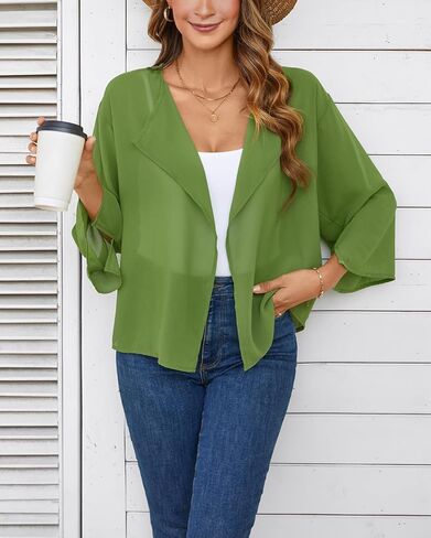 olrain Women Summer Tops 3/4 Chiffon Kimono Cardigans Short Shrugs Cusual Loose Open Front Bolero Cape Cover Up in Kuwait